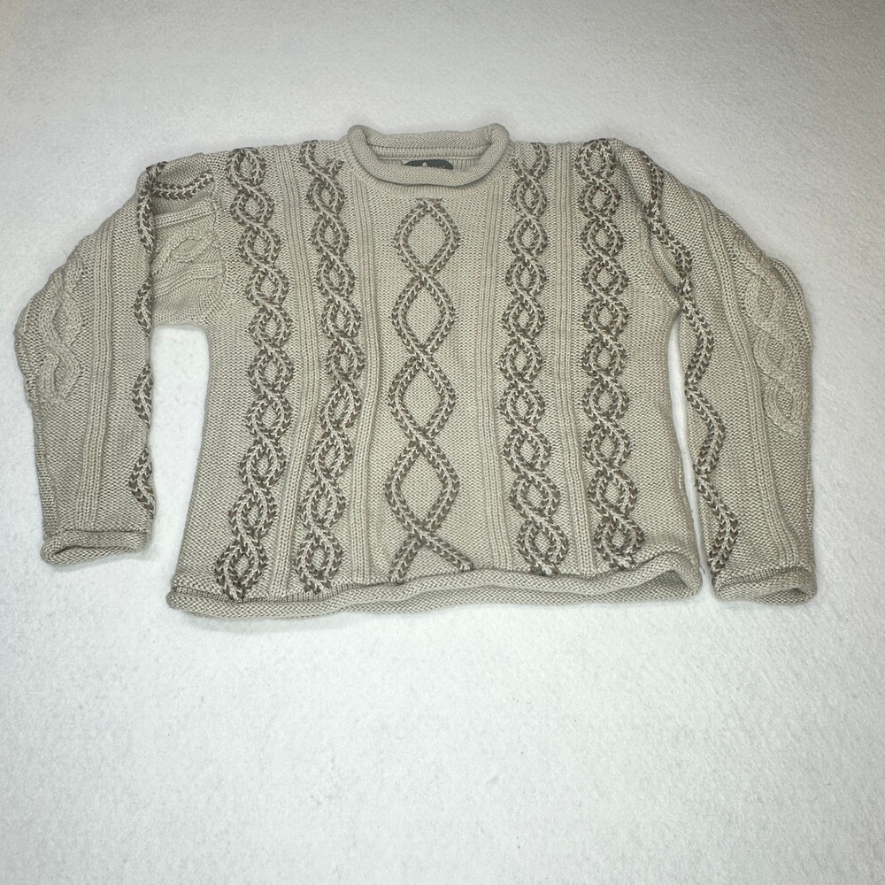 Vintage Cream Cable Knit Sweater Crew Neck Brown Detail